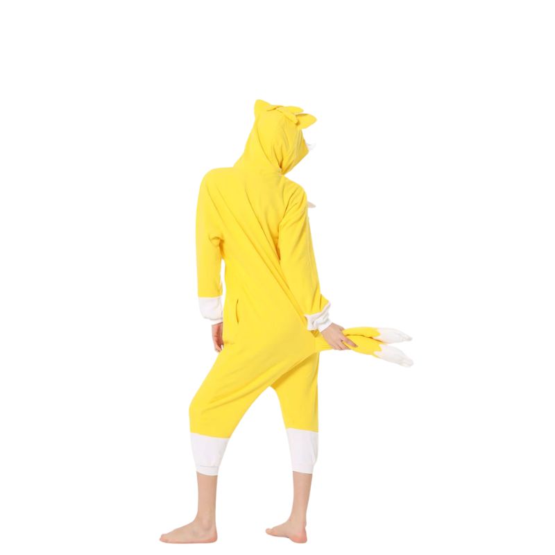 Cozy Tails onesie featuring a detailed hood with Tails' ears and facial features, ideal for comfort and fun.