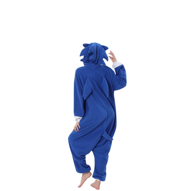 Sonic the Hedgehog onesie with a hood, bright blue color, and signature design, perfect for fans and collectors.