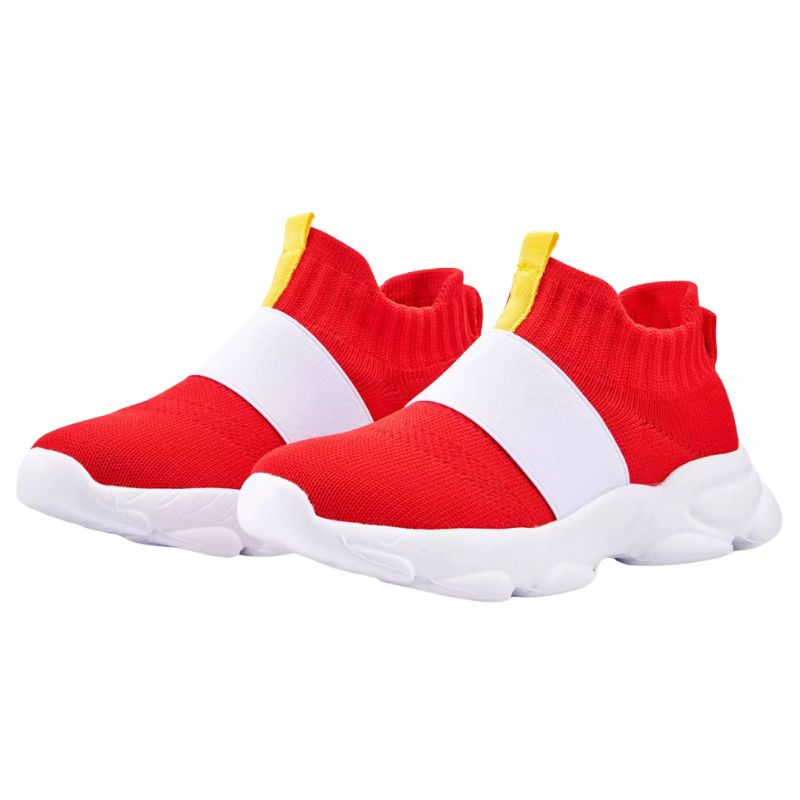 White Sonic Sneakers with bold red and yellow accents, inspired by Sonic the Hedgehog's iconic colors. A perfect blend of style and speed for fans and athletes alike.
