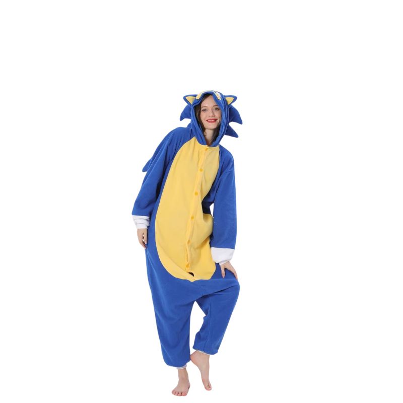 Sonic the Hedgehog onesie featuring a classic blue design and character hood, perfect for fans of the iconic speedster.