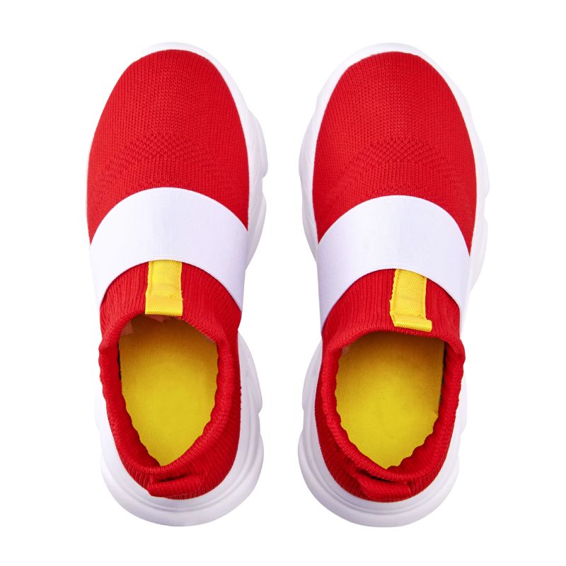 White sneakers inspired by Sonic the Hedgehog, featuring bold red and yellow accents. These shoes combine a sleek design with the iconic colors of the legendary video game character, perfect for fans and athletes alike