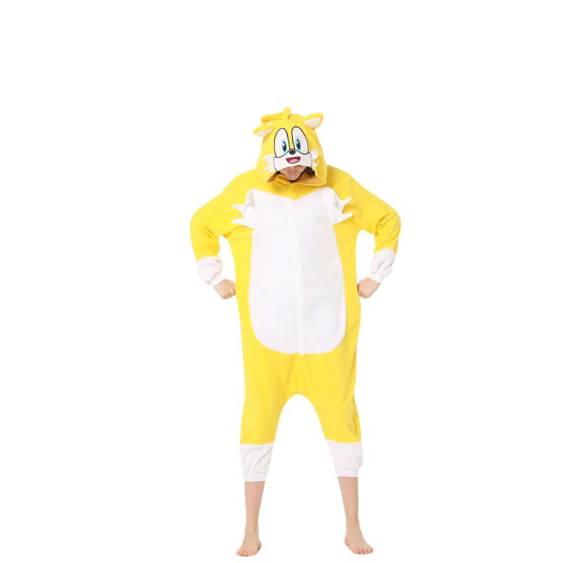 Tails the Fox pajamas onesie with a bright yellow design and character hood, perfect for fans of Sonic.