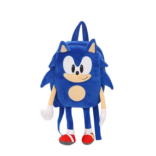 Soft Sonic the Hedgehog plush backpack for kids, designed for carrying small items while providing a huggable plush toy experience.

