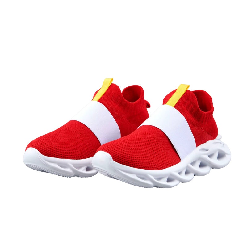 Sonic Speed Rush Sneakers for men and kids featuring a bold red design with Sonic the Hedgehog accents, offering ultimate comfort and agility for high-speed adventures.

